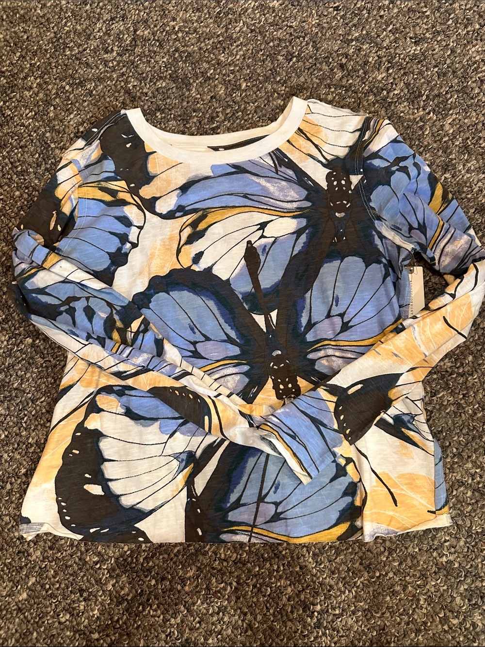 Anthropologie Maeve Long Sleeve Butterfly Print Tee in Blue, Yellow, Black sz S